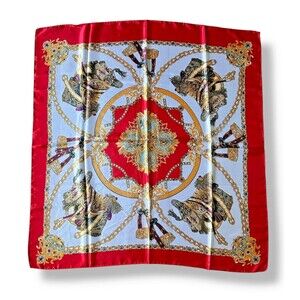 Red Edges White Golden Horse Chain Scarf 35” X 35” Women Headscarf Scarve